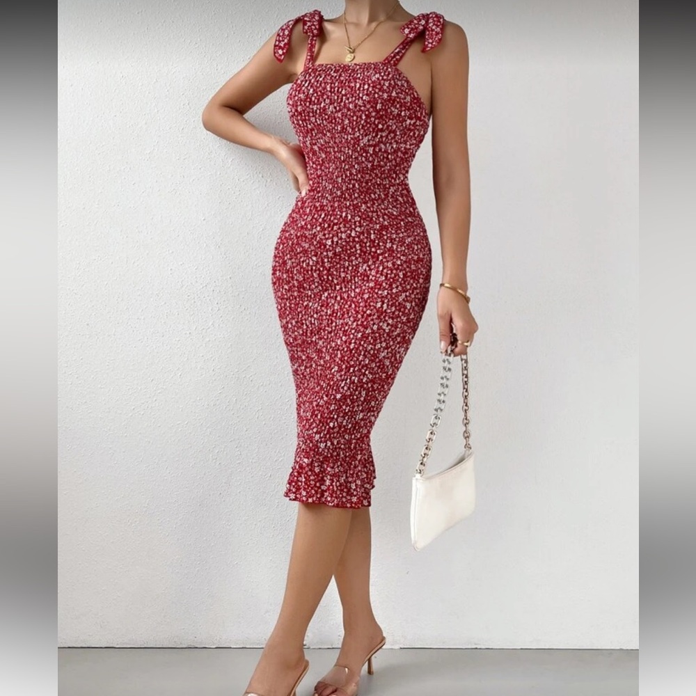 Red Floral Tie Shoulder Smocked Bodycon Dress
